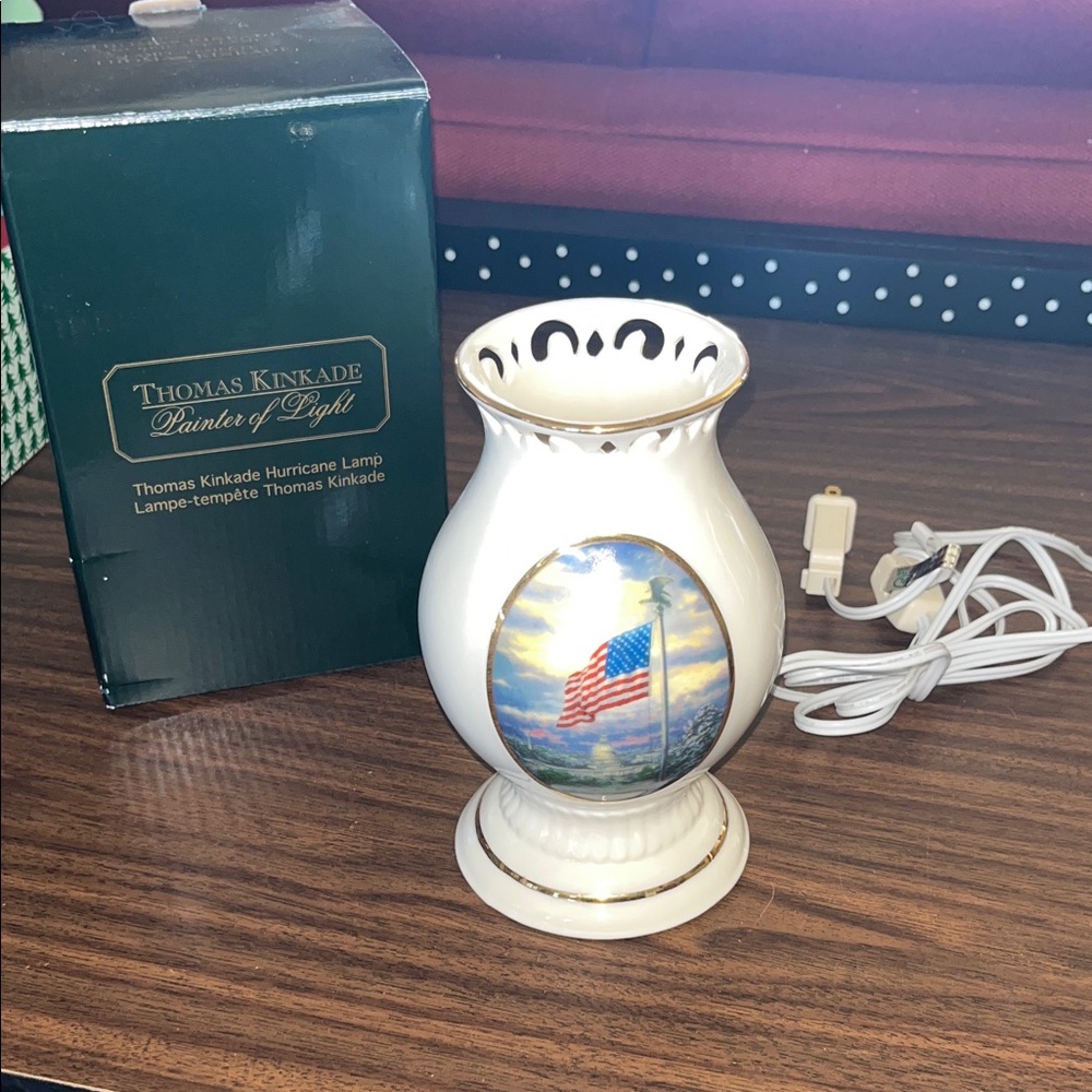 Thomas Kinkade White Porcelain Hurricane Lamp with American Flag Motif